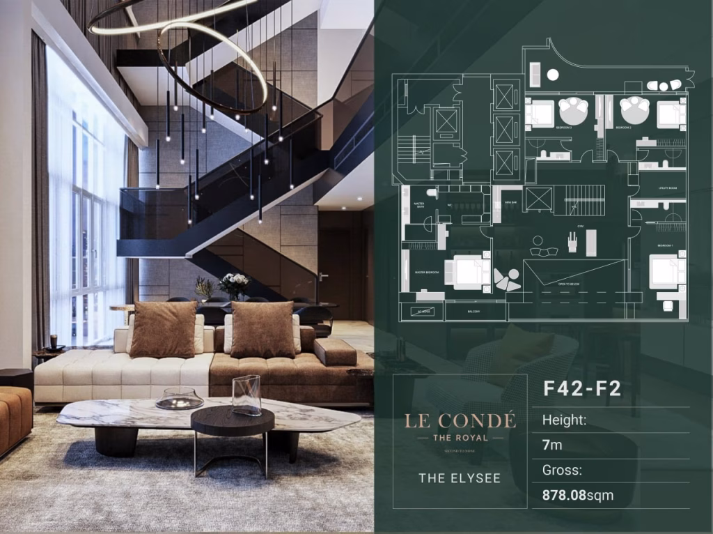 Modern luxury living room with a beige sofa, marble coffee tables, and a grand spiral staircase. This stunning Penthouse 5 bedroom includes a detailed floor plan and info: Le Condé, The Elysee, F42-F2, 7m height, 878.08 sqm gross area.