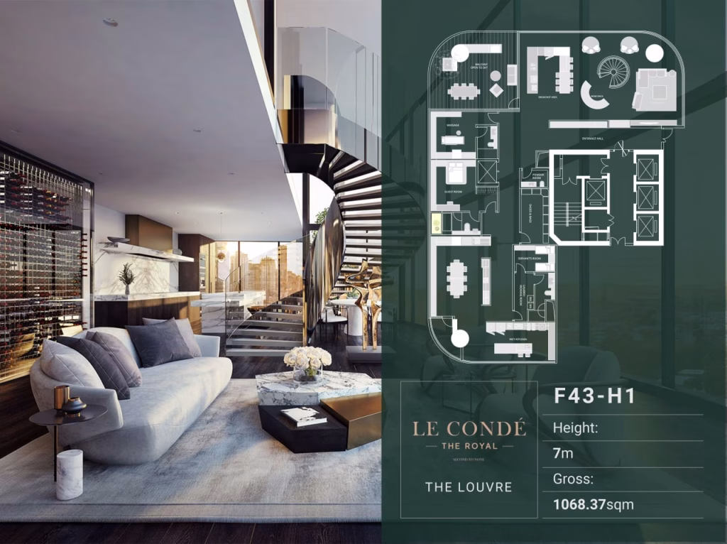 Modern luxury living room with large windows, plush seating, and a spiral staircase. An overlay displays an architectural floor plan and text details for Le Condé The Royal – showcasing the Duplex Penthouse THE LOUVRE.