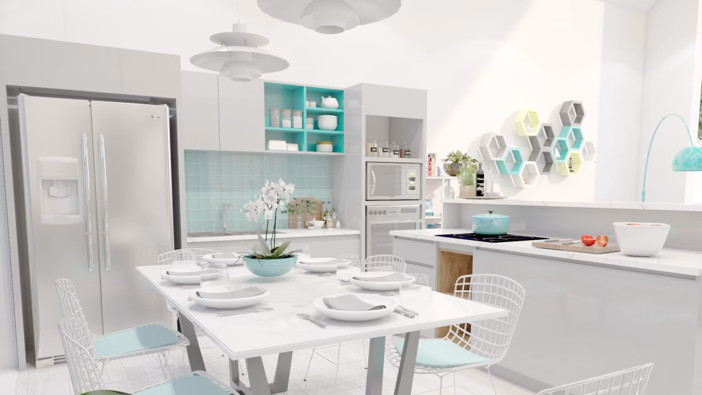 Modern kitchen at Oasis Harmony villas with white and light blue decor, open shelves with dishes, a stainless steel fridge, dining table for six, wire chairs, and hexagonal wall shelves. Enjoy a bright and airy atmosphere throughout.