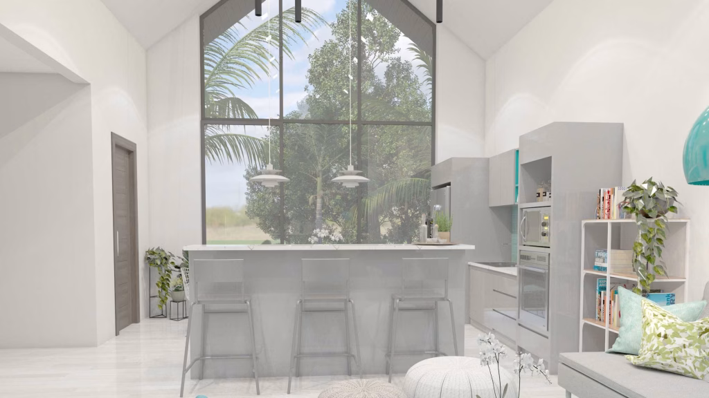 Modern kitchen at Oasis Harmony villas features floor-to-ceiling windows, gray cabinets, a breakfast bar with transparent stools, and lush greenery outside. Indoor plants and shelves with books add a cozy touch to the bright space.