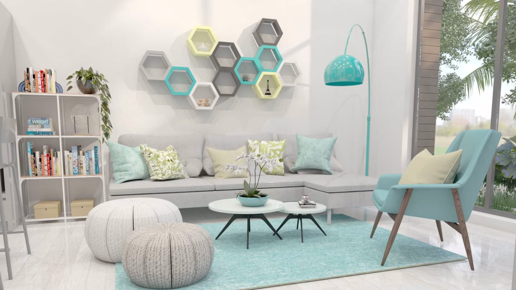 A modern living room at Oasis Harmony villas with pastel colors, featuring a grey sectional sofa with patterned cushions, hexagonal wall shelves, a turquoise armchair and lamp, two poufs, coffee table, bookshelves, and large window with greenery outside.