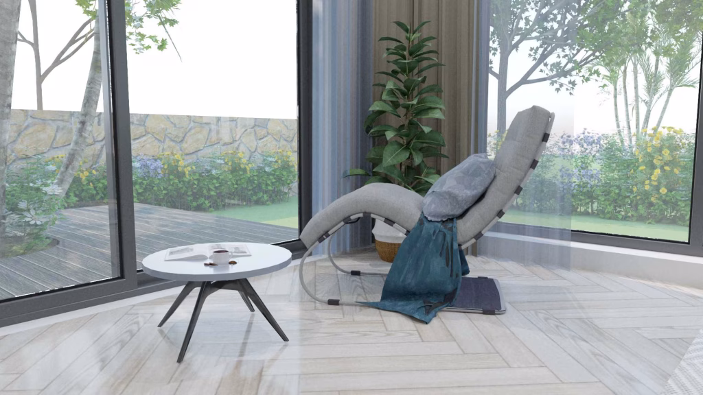 A modern room at Oasis Harmony villas features a curved lounge chair draped with a teal blanket and cushions near large windows. A round side table holds books and a mug, while a tall potted plant complements views of the wooden deck and garden outside.