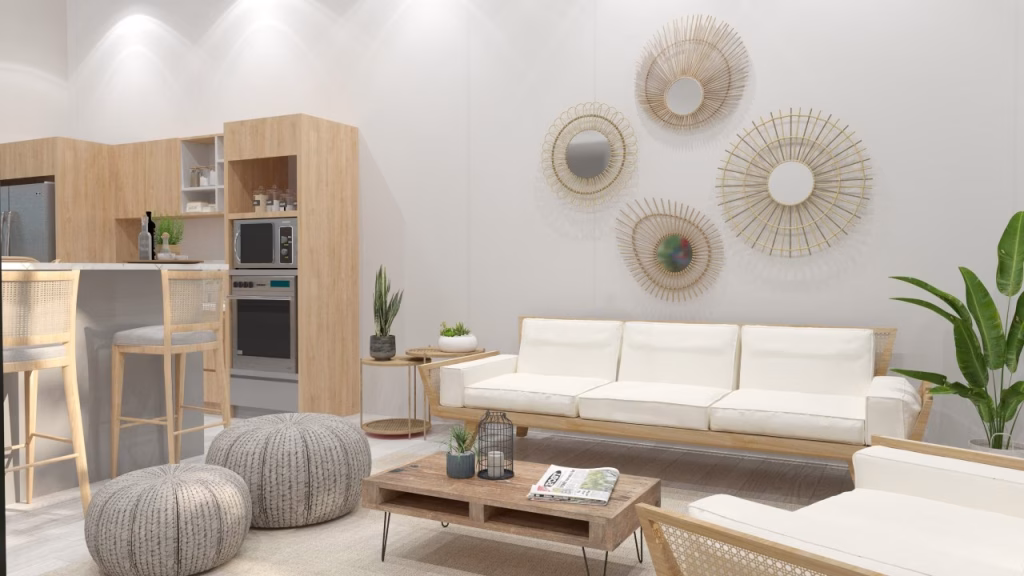 A modern living room in one of the kampot homes for sale, featuring light wood furniture, white cushions, two gray knit poufs, green plants, a wooden coffee table with magazines, and three round decorative mirrors on a white wall.
