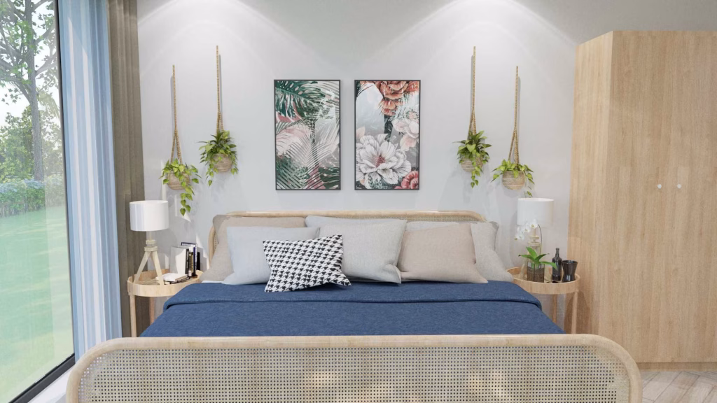 A cozy bedroom in one of the kampot homes for sale features a wooden bed, blue bedding, and assorted pillows. Nature-themed prints hang above the headboard, with hanging plants nearby. Round side tables hold lamps and books, plus a wardrobe on the right.