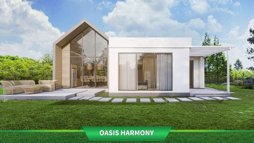 Modern house with large glass windows, wooden and white exterior, surrounded by a lush green lawn and outdoor seating area. A green banner at the bottom reads Oasis Harmony villas. Blue sky with scattered clouds in the background.