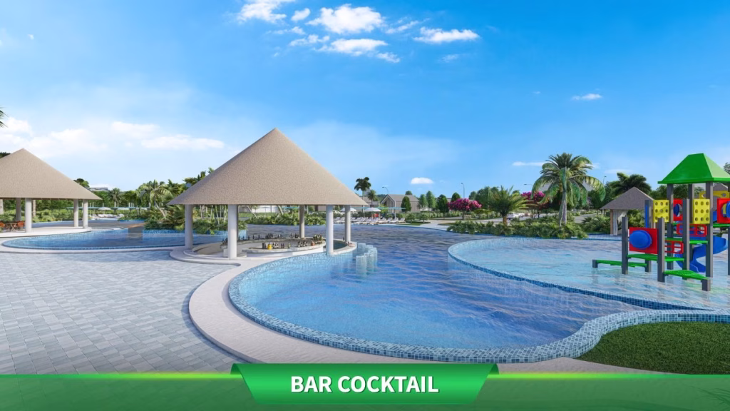 A resort-style pool at Oasis Harmony Villas features thatched-roof bar huts, a curving walkway, clear blue water, palm trees, and a colorful playground. Text at the bottom reads BAR COCKTAIL.