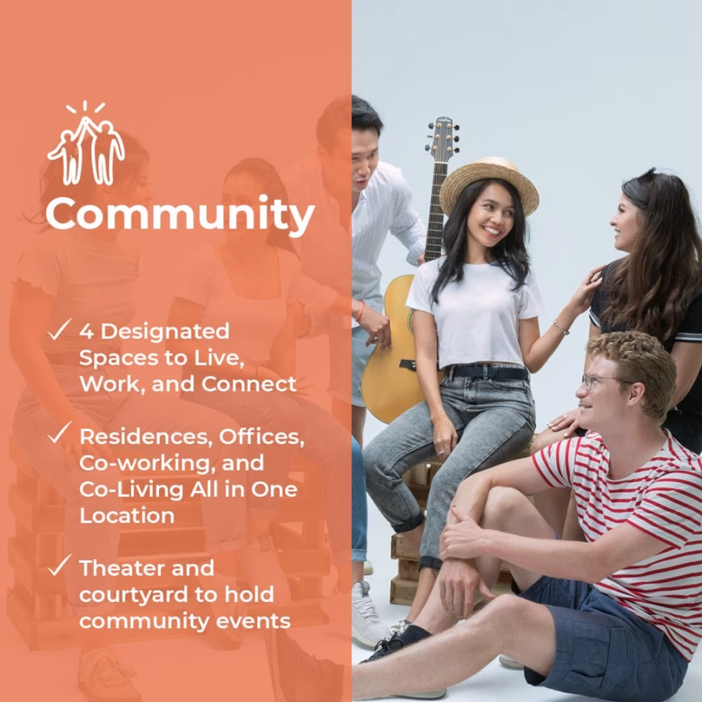 Four young adults relax together at Rose Apple Square, smiling and talking, with one holding a guitar. Beside them, text highlights community features: designated spaces, mixed-use residences, and event areas for connection and activities.