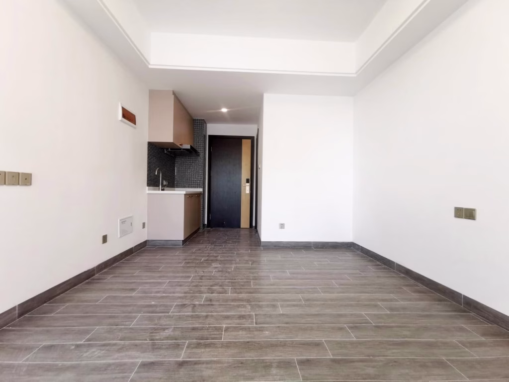 A modern, empty apartment room in Star Bay Sihanoukville features light-colored walls, gray wood-look tile flooring, and a small open kitchen area in the corner. A black door is visible at the back, and the space is well-lit with natural light.
