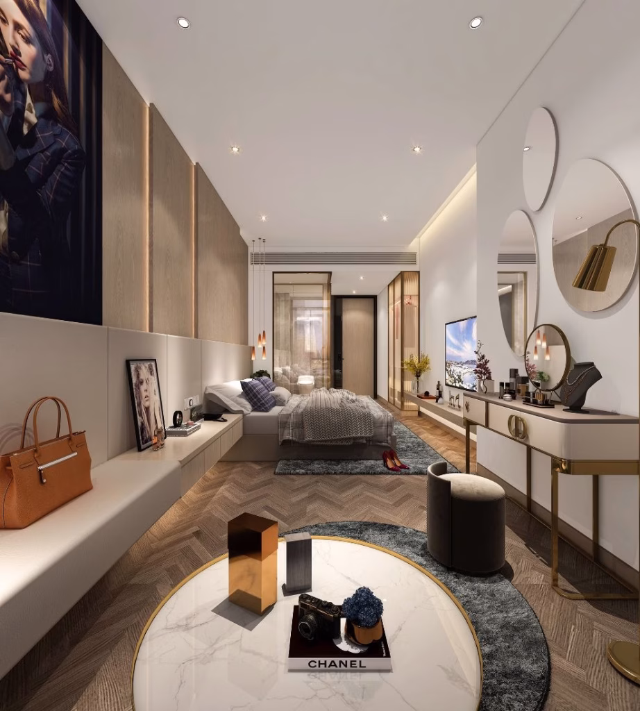 A modern, stylish bedroom in a riverfront luxury 2 apartment features a large bed, elegant decor, marble coffee table, luxury handbags, and vanity. Warm lighting and a large portrait complete the chic, sophisticated atmosphere.