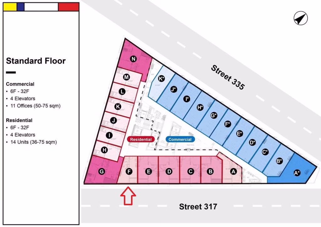 Floor plan showing commercial units (blue), 1 bedroom condo and residential units (pink), elevators, and offices. The building is bordered by Street 335 and Street 317, with a red arrow indicating the entrance from Street 317.