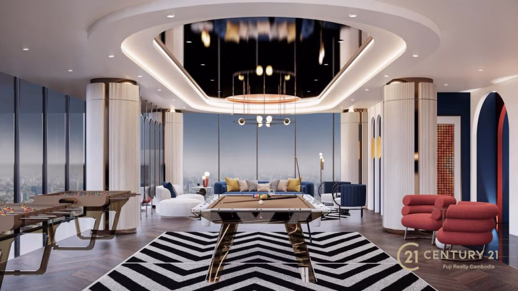 A modern, luxurious game room with floor-to-ceiling windows at Time Square 6, featuring a pool table, foosball tables, bold geometric carpeting, stylish seating, city views, gold accents, and contemporary lighting.