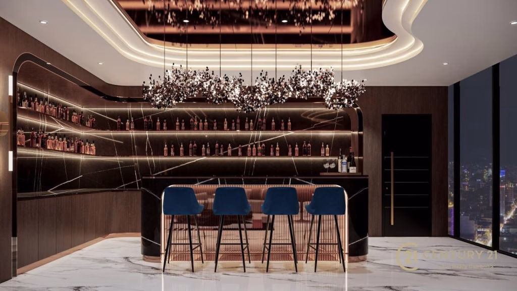 A modern, luxurious bar with black marble surfaces, gold accents, and three blue Time Square 6 barstools. Elegant pendant lights hang above the counter, shelves behind display bottles, and floor-to-ceiling windows reveal a cityscape at night.