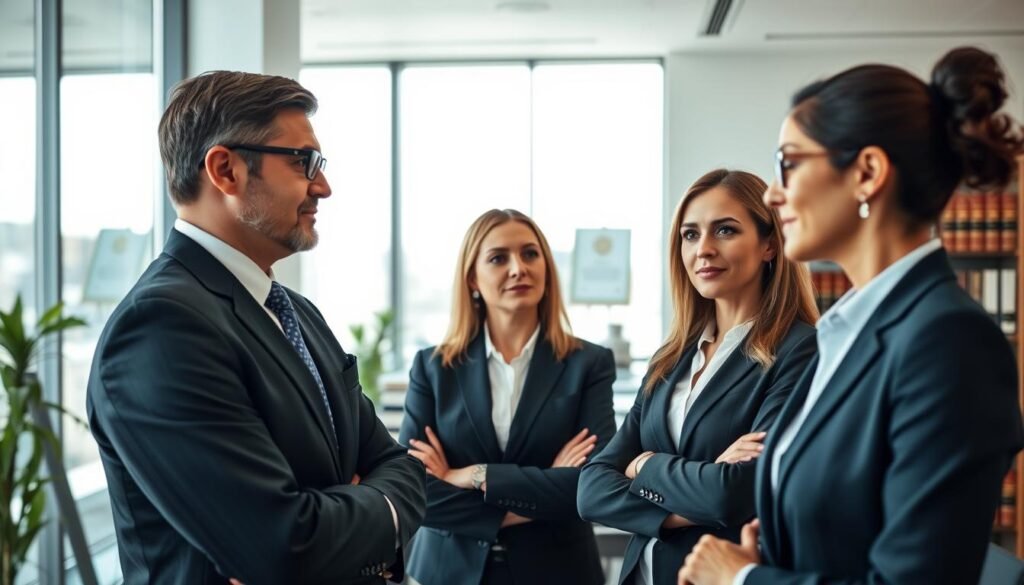 A group of professional local legal experts dressed in formal attire, standing in a modern, well-lit law office. The foreground features three lawyers, a man and two women, engaged in a discussion, their faces conveying seriousness and expertise. The middle ground showcases a sleek, minimalist office space with floor-to-ceiling windows, allowing natural light to flood the scene. In the background, glimpses of legal books, certificates, and other accoutrements of a successful legal practice are visible, creating an atmosphere of authority and trustworthiness. The overall mood is one of competence, professionalism, and the reliable guidance one would expect from seasoned local legal professionals. A group of professional local legal experts dressed in formal attire, standing in a modern, well-lit law office. The foreground features three lawyers, a man and two women, engaged in a discussion, their faces conveying seriousness and expertise. The middle ground showcases a sleek, minimalist office space with floor-to-ceiling windows, allowing natural light to flood the scene. In the background, glimpses of legal books, certificates, and other accoutrements of a successful legal practice are visible, creating an atmosphere of authority and trustworthiness. The overall mood is one of competence, professionalism, and the reliable guidance one would expect from seasoned local legal professionals.
