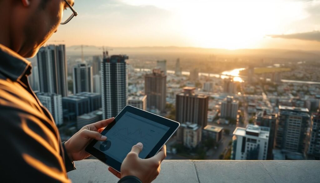 A modern cityscape of Phnom Penh, Cambodia, as seen from a high vantage point. In the foreground, a prospective homebuyer examines a digital tablet, analyzing market data and trends. The midground features a mix of high-rise condominium buildings in various stages of construction, reflecting the dynamic growth of the city's real estate sector. In the background, a scenic vista of the Mekong River and distant hills, bathed in warm, golden-hour lighting that casts long shadows across the urban landscape. The overall mood conveys a sense of careful consideration, as the buyer contemplates the optimal timing to enter the Phnom Penh condo market.