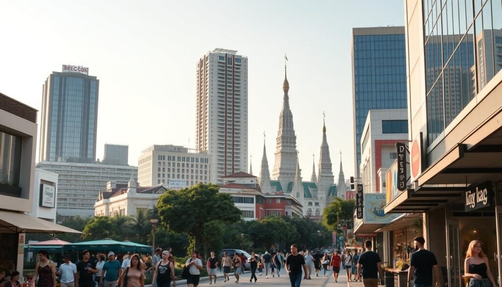 A vibrant streetscape in a Phnom Penh neighborhood popular with young expats. In the foreground, pedestrians stroll along a bustling sidewalk lined with lively cafes, trendy boutiques, and artisanal shops. Mid-ground, modern apartment buildings and office towers rise up, their sleek glass facades reflecting the warm afternoon sun. In the background, the iconic spires of ancient Buddhist temples peek out, blending the old and new. The scene exudes an energetic, cosmopolitan atmosphere, with a mix of Khmer and international influences. The lighting is soft and diffused, creating a welcoming, comfortable mood. Composition is balanced, with a sense of depth and movement drawing the viewer in.