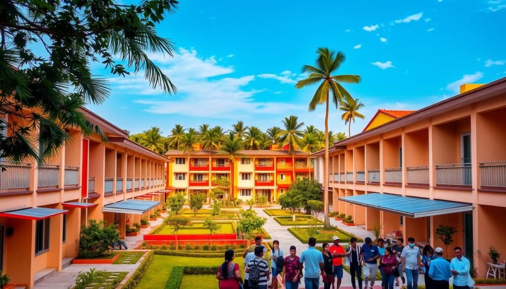 a vibrant, low-rise apartment complex nestled in the heart of a bustling Cambodian town, featuring a mix of modern and traditional architectural styles. The buildings are painted in warm, earthy tones, with clean lines and well-maintained facades. In the foreground, a group of locals are gathered, engaged in lively conversation and daily activities, creating a sense of community. The middle ground showcases neatly landscaped gardens and pedestrian-friendly pathways, while the background is dotted with towering palm trees and a clear, azure sky, conveying a peaceful and tranquil atmosphere. The scene is illuminated by soft, natural lighting, capturing the essence of affordable, comfortable living in Cambodia.