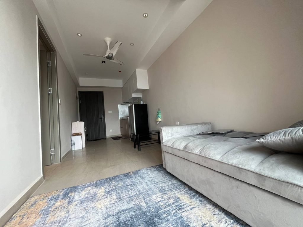 A modern, minimalistic living room with beige walls, a gray couch, a blue rug, and a small open kitchen area with a refrigerator and boxes near the entrance. A ceiling fan hangs from the white ceiling.